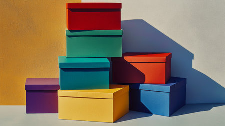 A visually striking arrangement of colorful boxes stacked creatively against a bright backdrop, highlighting modern organization and design for any stylish space.の素材