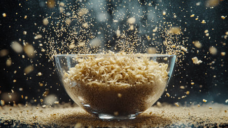 This dynamic culinary image showcases freshly poured noodles spilling into a glass bowl, emphasizing texture and the beauty of raw ingredients during food preparation.の素材