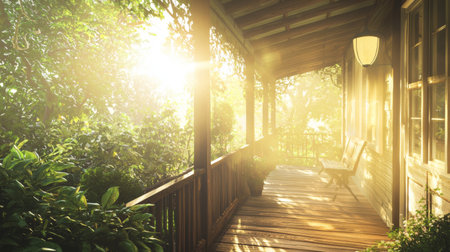 A tranquil porch illuminated by morning sunlight creates a perfect retreat, surrounded by lush greenery, inviting calm and relaxation in a serene environment.の素材