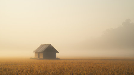 A beautiful scene capturing a solitary wooden house in a rice field during a misty dawn, evoking tranquility and the serene beauty of nature's simplicity.の素材