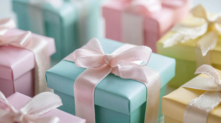 A vibrant collection of tiny gift boxes in various colors and textures, beautifully wrapped with delicate ribbons, ideal for enhancing celebrations and evoking joy.の素材