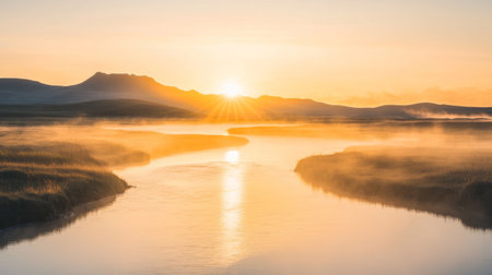 A stunning sunrise casts golden light over a misty river, creating a serene and tranquil atmosphere in a natural landscape, perfect for nature lovers and photographers.の素材