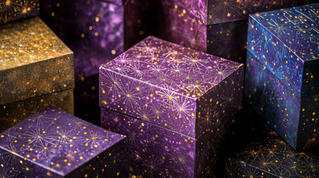 A captivating arrangement of colorful gift boxes showcasing intricate starburst patterns in rich shades of purple, gold, and black, perfect for festive celebrations.の素材