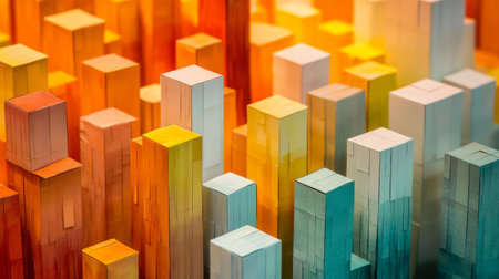 Vibrant and colorful wooden blocks create intricate and abstract patterns, evoking creativity and artistry. Perfect for backgrounds in design projects and creative use.の素材