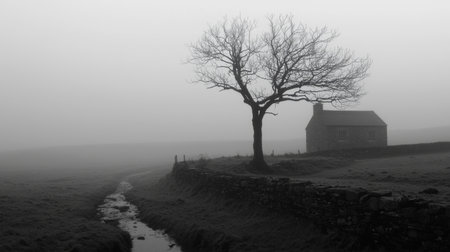 A hauntingly beautiful misty landscape featuring a bare tree and an isolated stone cottage enveloped in fog, creating a serene yet melancholic atmosphere.の素材