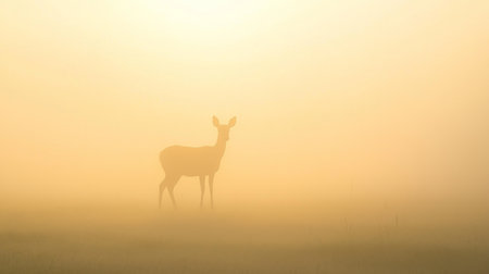 A solitary deer stands gracefully in a dense morning fog, surrounded by a soft golden glow that creates a tranquil and enchanting atmosphere in nature.の素材