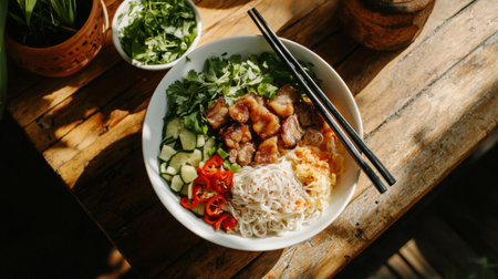 A vibrant Vietnamese noodle bowl featuring grilled chicken, fresh herbs, and a mix of colorful vegetables served on a rustic wooden table for a delightful meal.の素材