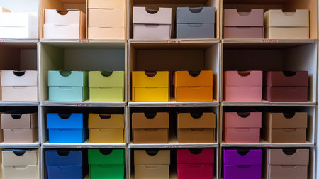 A compelling display of neatly organized storage boxes in various vibrant colors, perfect for enhancing any workspace or home setting with style and functionality.の素材