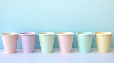 A visually appealing collection of pastel cups arranged neatly against a smooth, gradient background, perfect for enhancing any creative project or event decor.の素材
