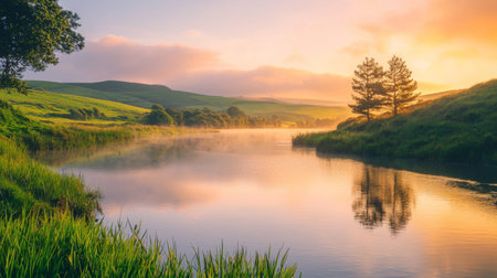 A stunning view of a calm river at sunset, surrounded by lush greenery, with soft mist rising and vibrant colors reflecting in the water, embodying tranquility.の素材
