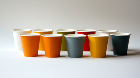 A vibrant collection of disposable paper cups in a variety of colors arranged aesthetically on a clean surface, ideal for serving beverages at parties or events.の素材