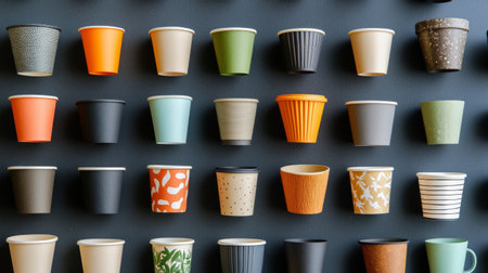 A captivating arrangement of colorful and uniquely designed paper cups displayed on a stylish wall, perfect for modern kitchens, cafes, or artistic environments.の素材