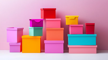 A vibrant collection of colorful gift boxes stacked against a soft pink background. Ideal for use in festive events, celebrations, and creative decorations.の素材