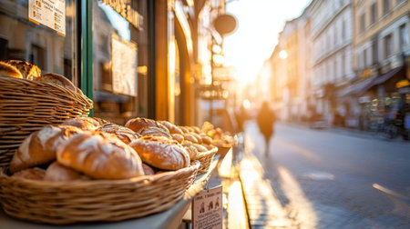 Enjoy the warm ambiance of a bakery display featuring freshly baked bread and pastries basking in sunlight on a bustling urban street filled with people.の素材