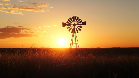 A stunning silhouette of a windmill stands tall against a vibrant sunset, showcasing a beautiful blend of orange and purple hues over a serene landscape.の素材