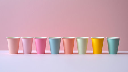 This image showcases a vibrant arrangement of eight colorful paper cups on a soft pink background, ideal for party themes, events, or creative projects.の素材