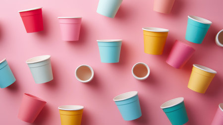 A vibrant arrangement of colorful disposable cups scattered on a soft pink background. Ideal for party planning, gatherings, and enhancing festive atmospheres.の素材