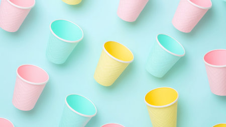 A collection of colorful disposable paper cups arranged on a soft blue background. Perfect for parties, events, or any occasion needing cheerful and playful decor.の素材