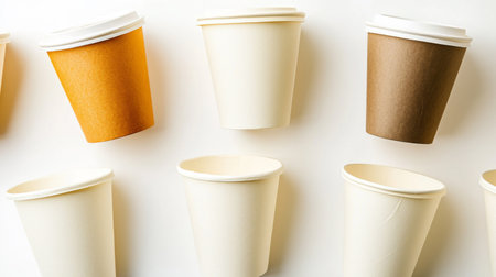 Various disposable coffee cups in different colors arranged aesthetically on a light background create a minimalist display suitable for beverage-related projects.の素材