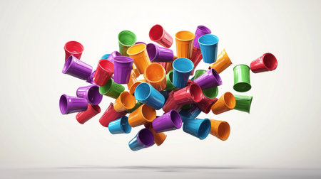 A dynamic arrangement of vibrant plastic cups in various colors against a clean white background, perfect for conveying fun, creativity, and playfulness in designs.の素材