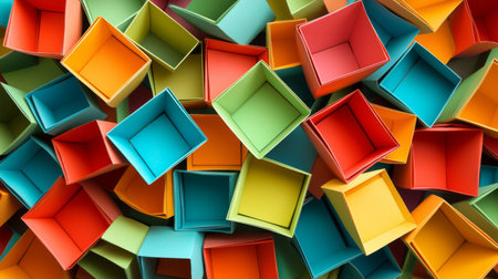 A vibrant top view of assorted colorful paper boxes showcasing various shapes and sizes. Ideal for creative design projects and artistic inspirations.の素材