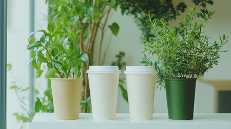 A serene scene featuring three eco-friendly cups with lush green plants on display. The soft lighting enhances the calming effect in a modern indoor environment.の素材