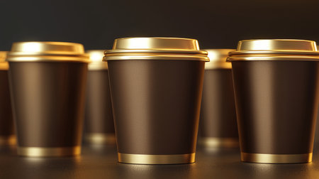 A set of elegant brown coffee cups with gold lids is artfully arranged on a dark surface, perfect for showcasing modern beverage design in a stylish atmosphere.の素材