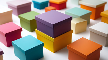 Vibrant and colorful gift boxes arranged on a white surface, ideal for holiday celebrations, birthdays, and creative presentations emphasizing joyful moments.の素材