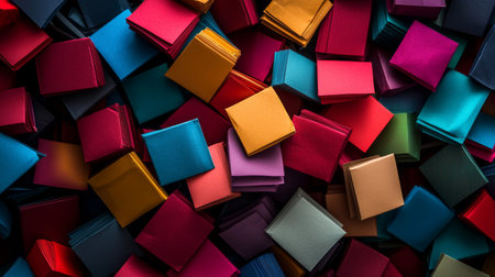 An array of small paper squares in a multitude of vibrant colors is laid out, forming an artistic background perfect for creative projects and craft activities.の素材