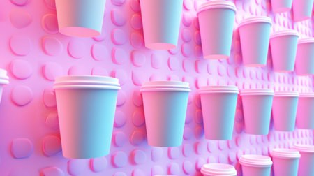 A vibrant display of colorful coffee cups arranged on a pink textured wall, perfect for modern creative spaces or cafes, adding a playful and artistic touch.の素材