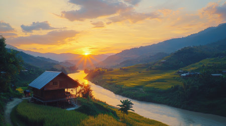 This captivating image features a sunset over a winding river, with a rustic house nestled among the lush green terraces, creating a peaceful rural scene.の素材