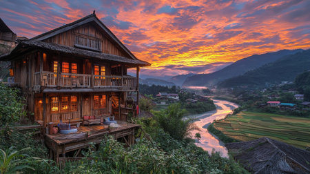Captivating view of a wooden house at sunset, surrounded by vibrant colors in the sky and lush greenery, creating a serene and peaceful atmosphere in the countryside.の素材