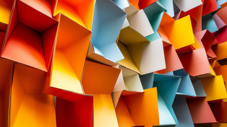 A striking arrangement of colorful paper boxes in various sizes and shapes creates an engaging abstract pattern perfect for modern design projects and creative uses.の素材