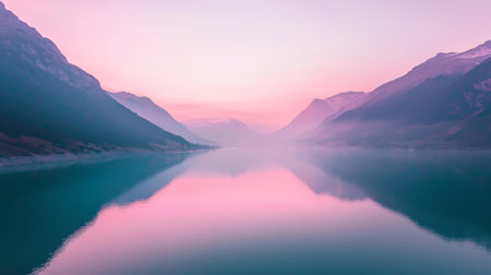 Captivating scene showcasing a serene sunrise over a calm lake, surrounded by majestic mountains and soft mist. Perfect for conveying tranquility and natural beauty.の素材