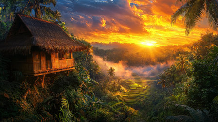 Experience the tranquil beauty of a traditional hut nestled amid lush rice terraces, with a breathtaking sunset illuminating the tropical landscape.の素材