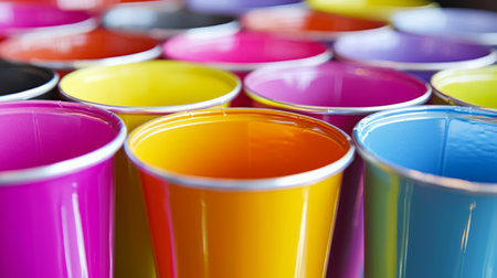 A collection of bright plastic cups in various vibrant colors perfect for party decorations. Ideal for drinks at events, celebrations, and cheerful gatherings.の素材