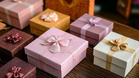 An array of beautiful gift boxes in various colors and textures set on a wooden table. Perfect for gifting, celebrations, or adding a decorative touch to any occasion.の素材