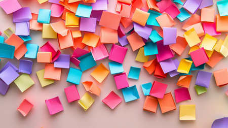A lively arrangement of colorful sticky notes in shades of pink, orange, purple, and blue scattered over a smooth surface, ideal for creativity and organization.の素材