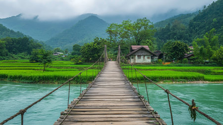 Discover the beauty of nature with this image showcasing a wooden bridge leading to a quaint house surrounded by vibrant rice fields and misty mountains.の素材