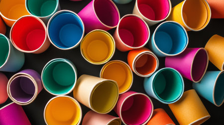 A vibrant assortment of colorful circular paper cups in a chaotic arrangement on a black background, ideal for artistic designs, creative projects, or festive occasions.の素材