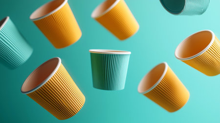 Brightly colored paper cups float against a beautiful aqua background, creating a lively and playful scene perfect for party themes, food festivals, or marketing materials.の素材