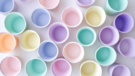 An array of colorful pastel cups arranged in a lively manner on a bright surface, creating a joyful and playful ambiance suitable for festive events and gatherings.の素材