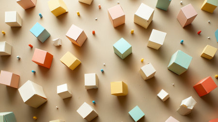 Experience a vibrant collection of colorful cubes scattered across a soft beige surface, creating a lively and artistic backdrop ideal for various creative projects.の素材