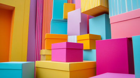 This image showcases a dazzling arrangement of colorful gift boxes stacked playfully against a bright backdrop, ideal for various celebration themes and creative projects.の素材