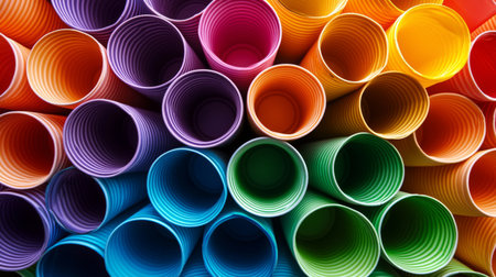 This image features a stunning arrangement of colorful cups in various shades, perfect for any artistic project, party theme, or creative background.の素材