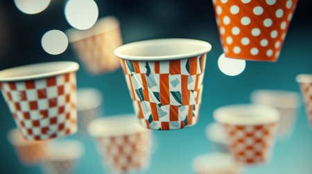 A lively assortment of brightly colored paper cups featuring various patterns, creating an engaging visual for events, parties, or social gatherings.の素材