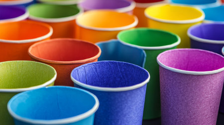A stunning display of colorful paper cups in a variety of shades creates an inviting and cheerful atmosphere. Perfect for celebrations, events, and artistic projects.の素材