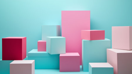 This vibrant image features an arrangement of colorful geometric boxes in pastel shades on a bright backdrop, ideal for creative projects and marketing use.の素材