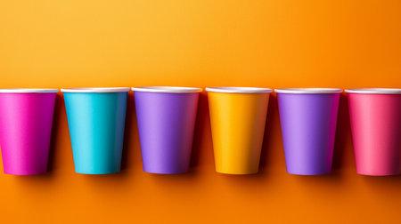 Vibrant arrangement of colorful paper cups against a bold orange background, perfect for creative projects highlighting party themes and festive gatherings.の素材