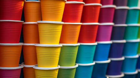 A vibrant arrangement of colorful disposable cups stacked in neat rows, creating a stunning visual pattern suitable for parties, events, or festive occasions.の素材